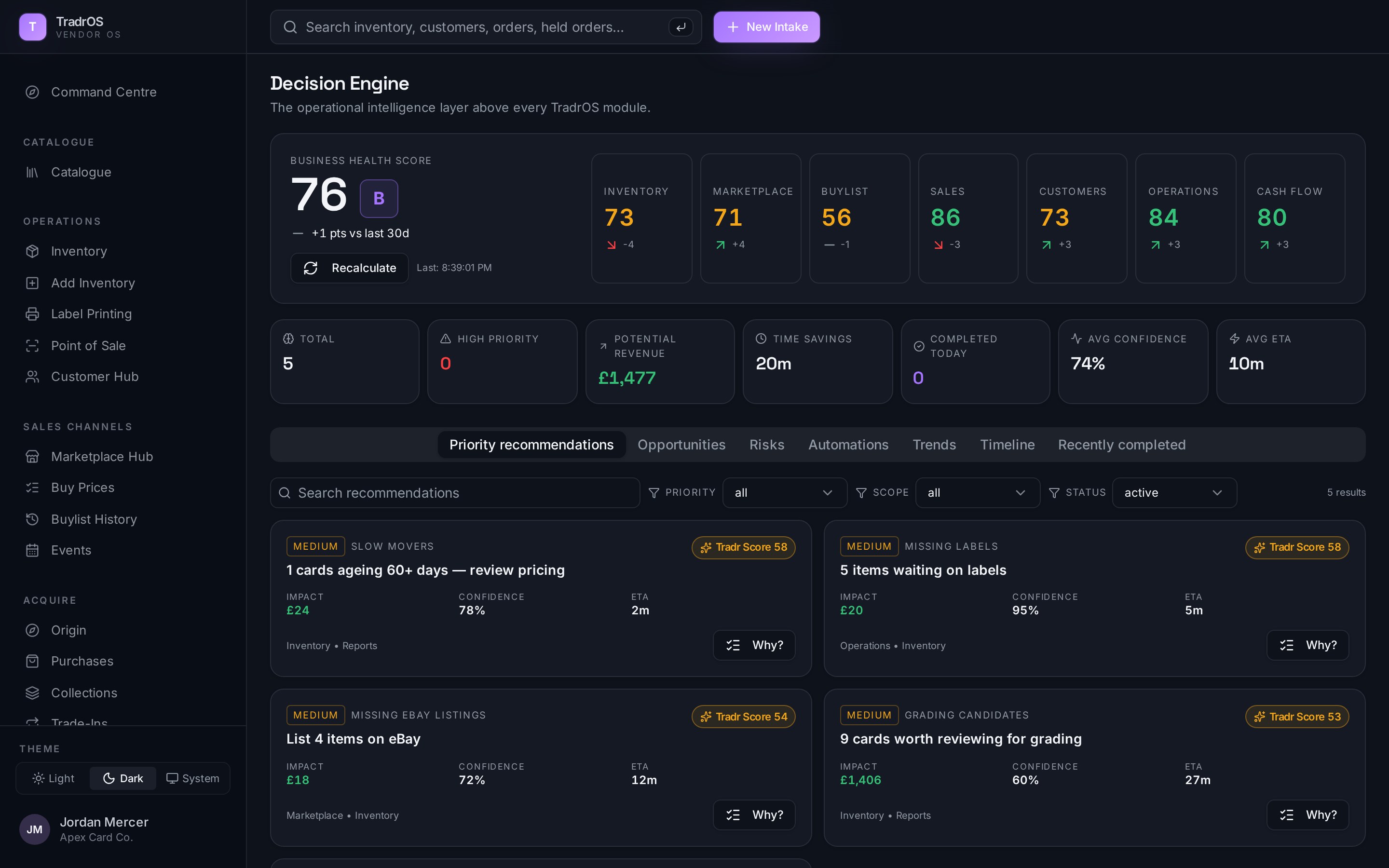 TradrOS Decision Engine — business health score, six domain scores, and ranked recommendations with confidence and pound impact.