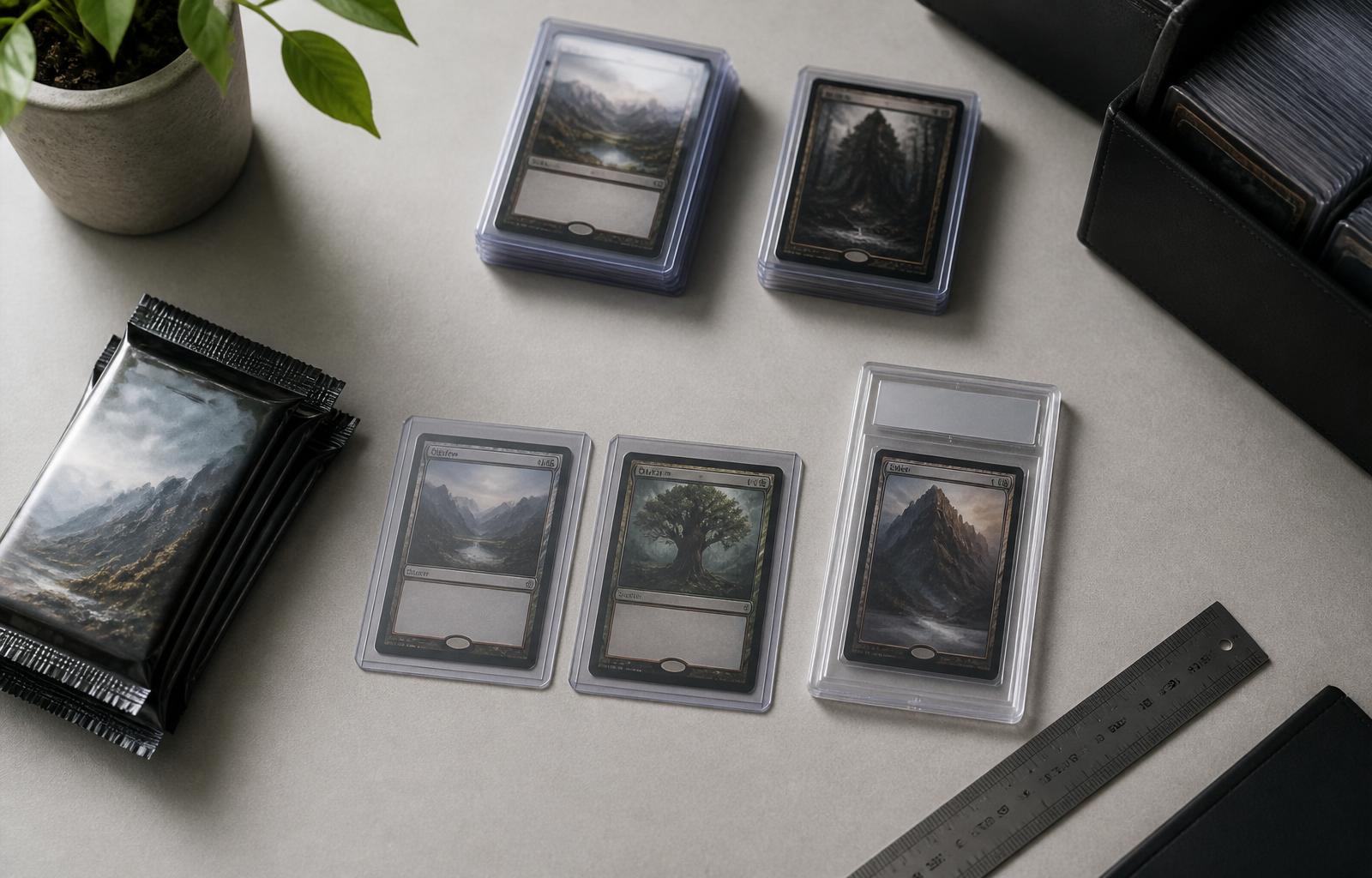 A trading card vendor's workbench — singles in toploaders, a graded slab, sealed packs and a steel ruler under soft daylight.